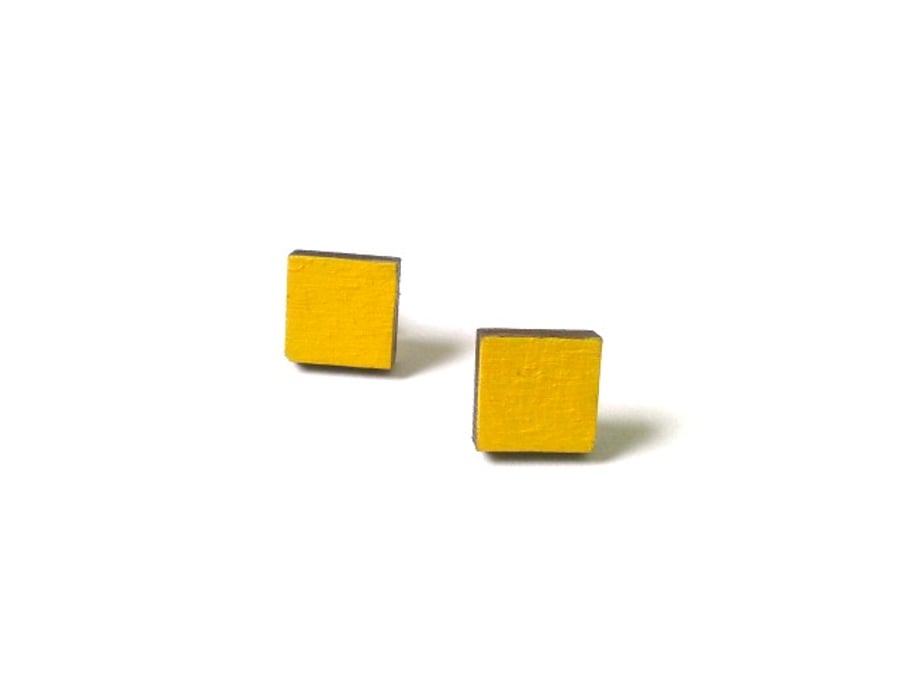 Tiny Mustard Yellow Wooden Square Stud Earrings