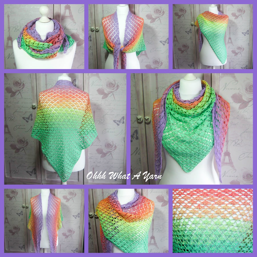 Crochet lightweight pastel rainbow 100% cotton shawl. Crochet shawlette.
