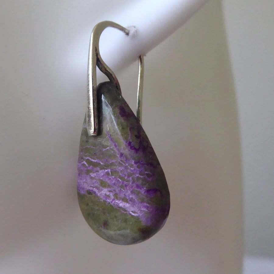 Pair of Sterling Silver & Stichtite Teardrop Gemstone Earrings