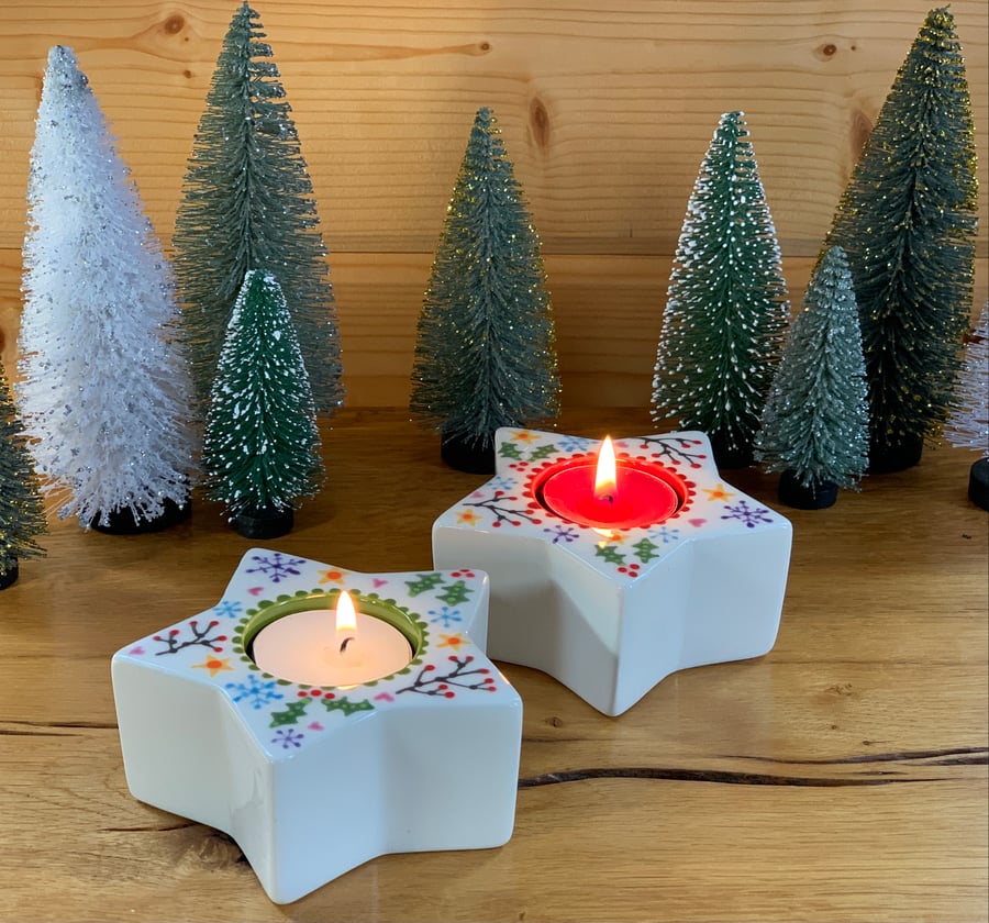 Set of 2 Ceramic Star Tea light Holders, Hand Painted Pottery Christmas Candle