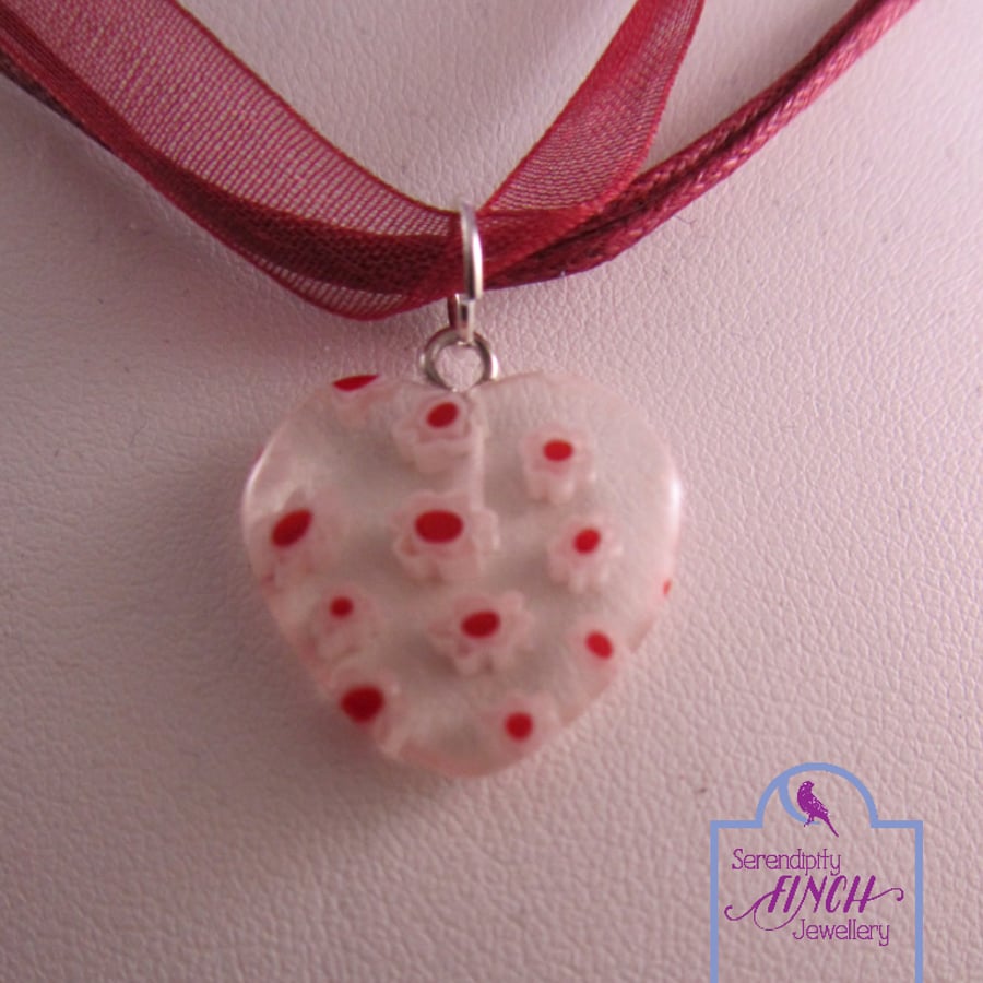 Glass Heart Red Ribbon Short Necklace