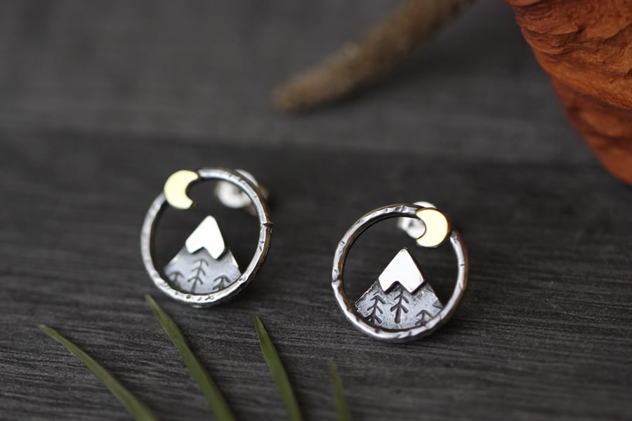 Sterling silver mountain earrings with brass moon
