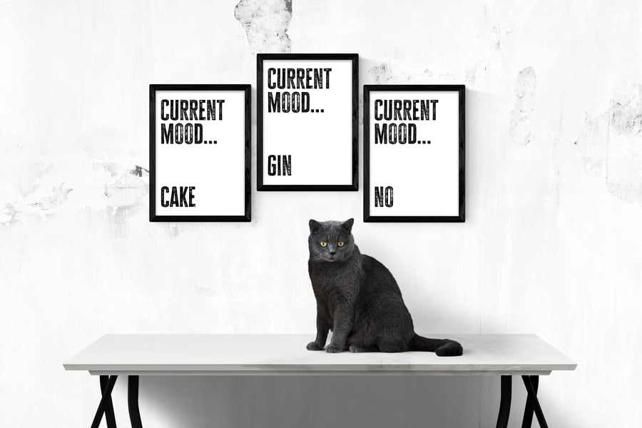 Current mood cake, gin, wine, whiskey, beer, blah, meh typography print