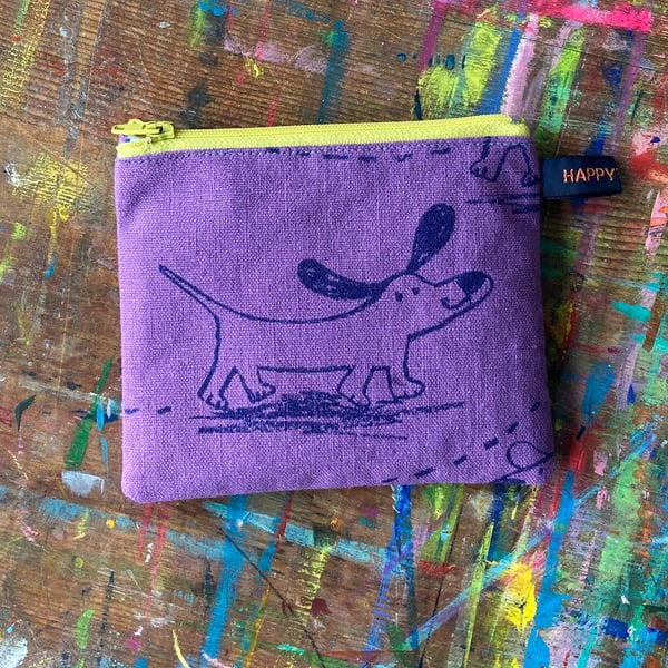 Sausage dog zip pouch-purse handprinted by Jo Brown HappyTomato