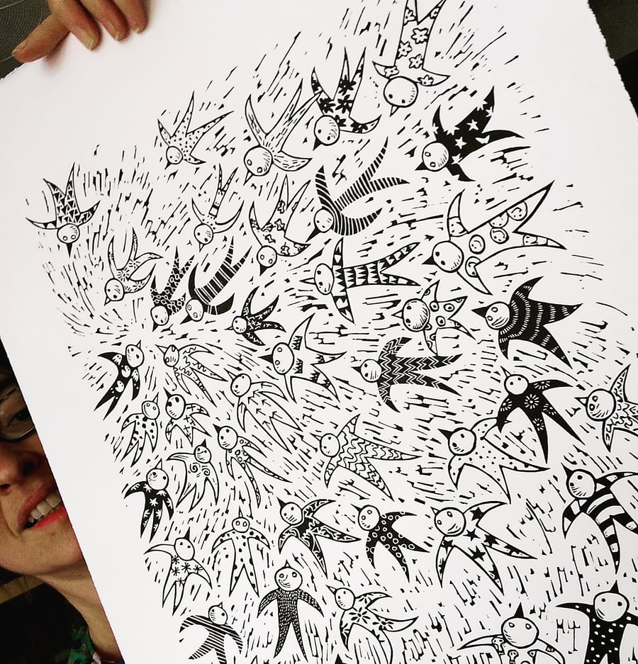 Lots of birds in Pyjamas - lino print - SUPER SECONDS