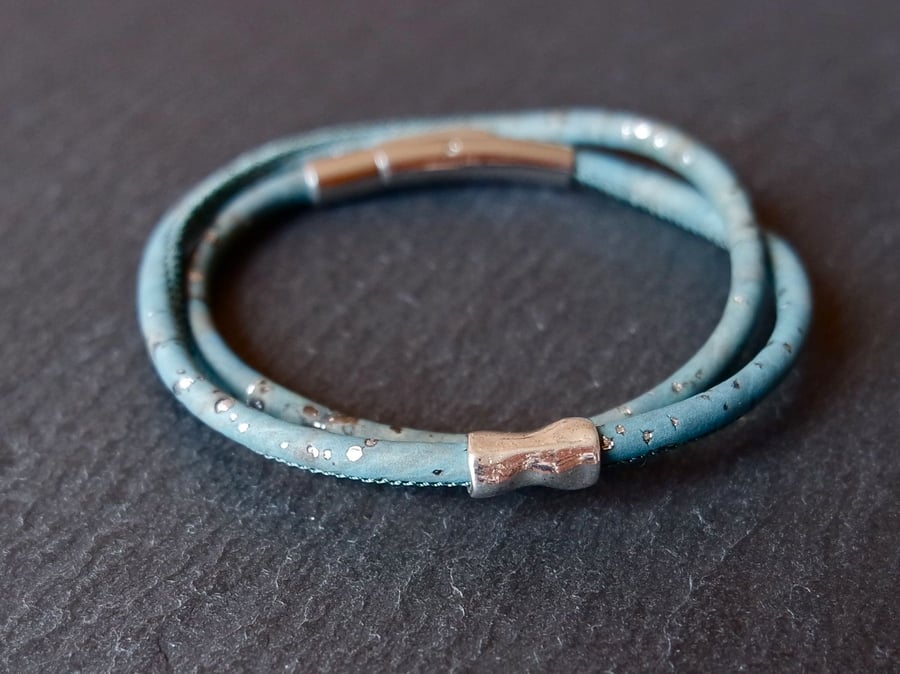 Vegan cork wrap bracelet with bead in teal blue and silver