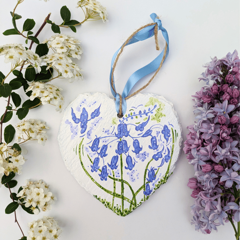 Bluebell hand-painted slate heart ornament