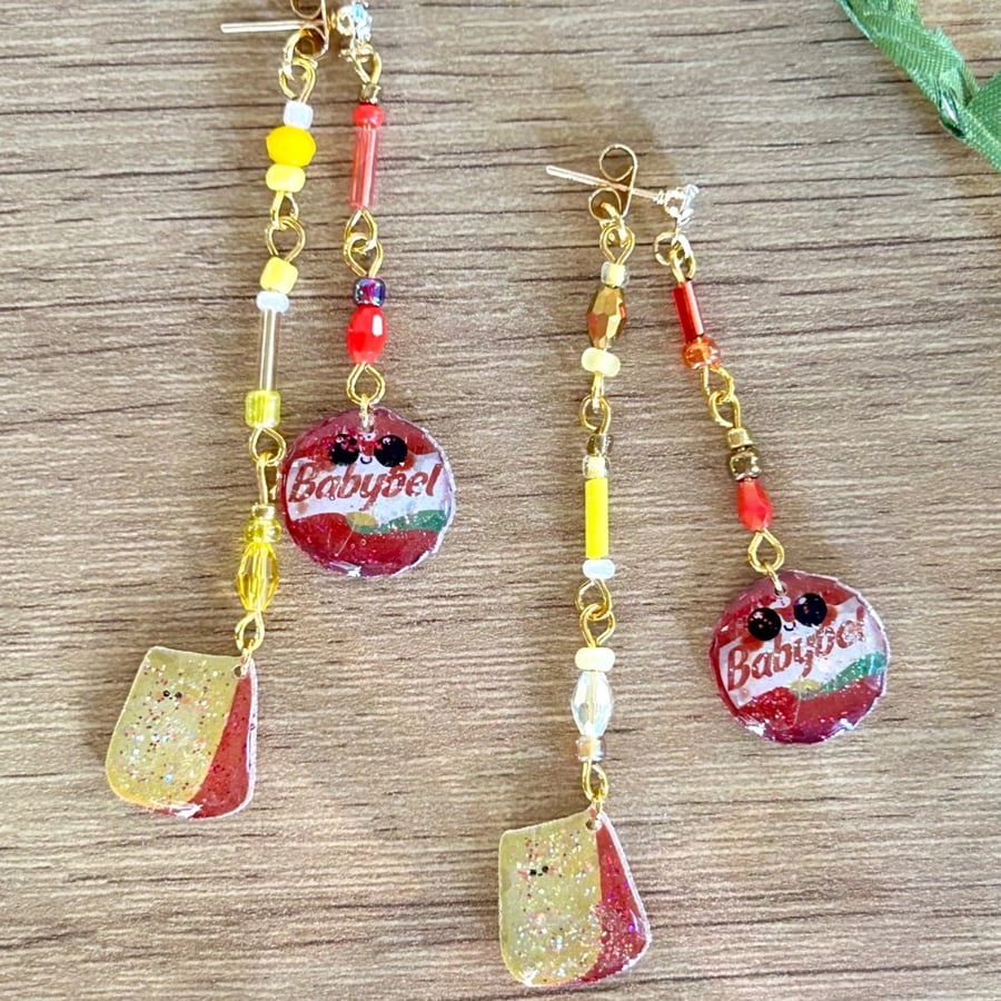 Mini Cheese Asymmetrical Earrings - Red Wax Edam Foodie Dangle Studs