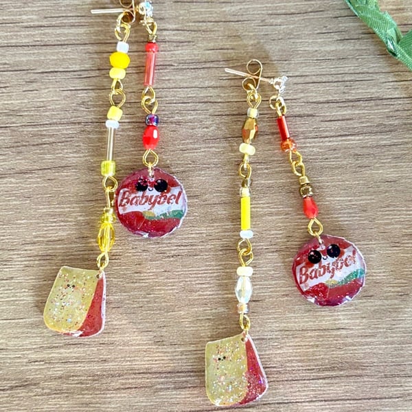 Mini Cheese Asymmetrical Earrings - Red Wax Edam Foodie Dangle Studs
