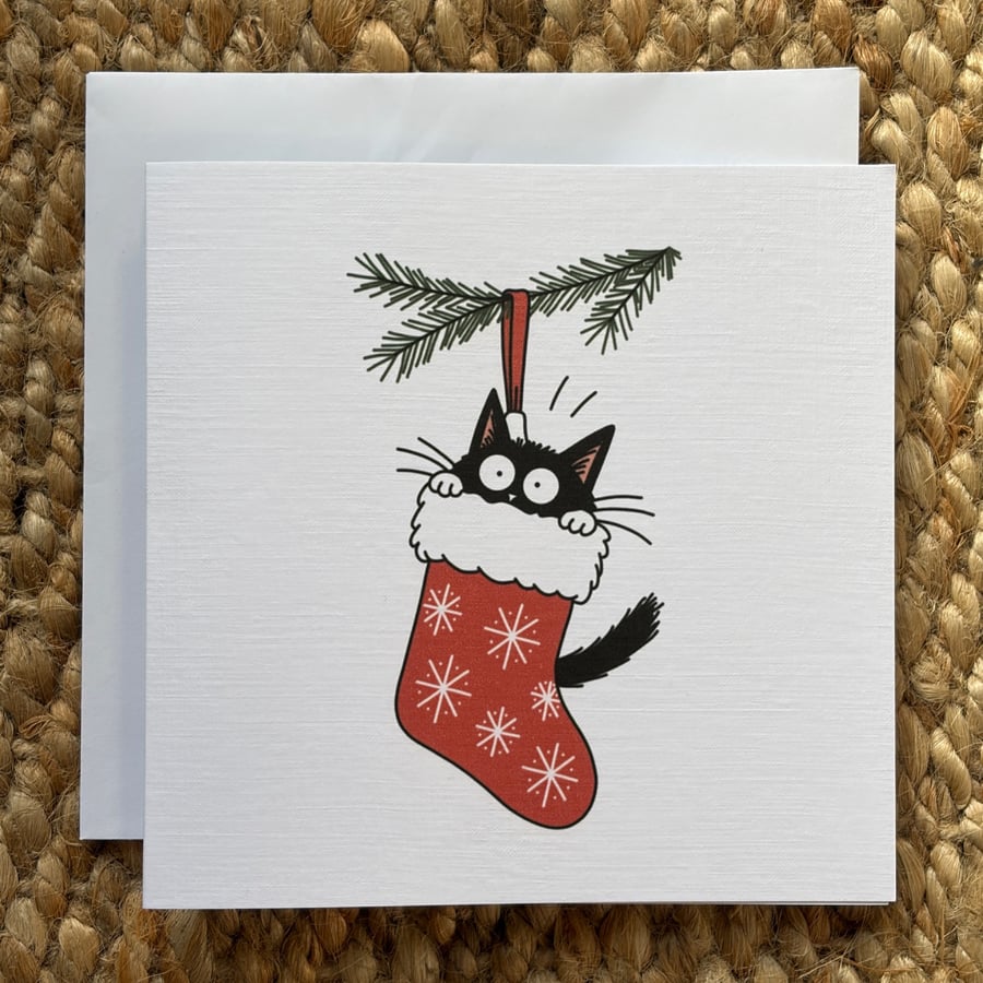 Funny Cat Christmas Card – Cat in Stocking Greeting Card for Cat Lovers