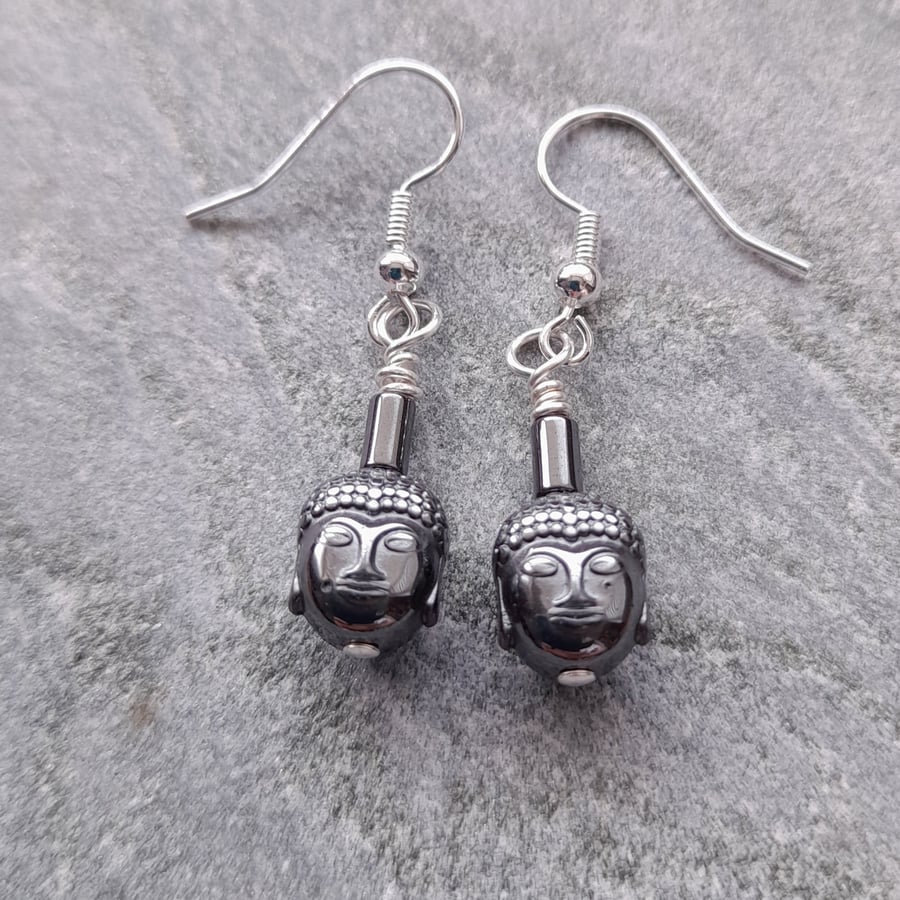 Hematite Buddha Drop Silver Plated Earrings