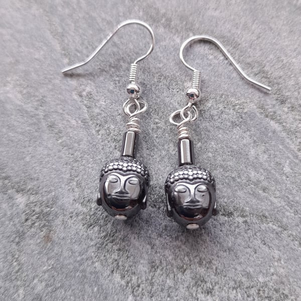 Hematite Buddha Drop Silver Plated Earrings