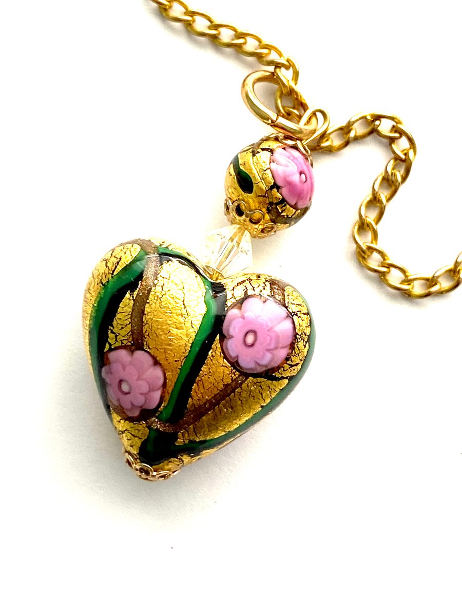 Murano glass gold and pink pendant with Swarovski crystal and gold chain.