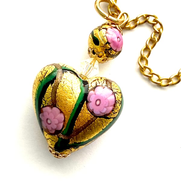 Murano glass gold and pink pendant with Swarovski crystal and gold chain.