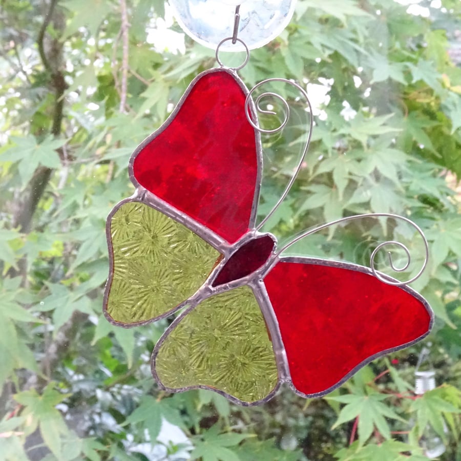 Stained Glass Butterfly Suncatcher - Red  and Amber