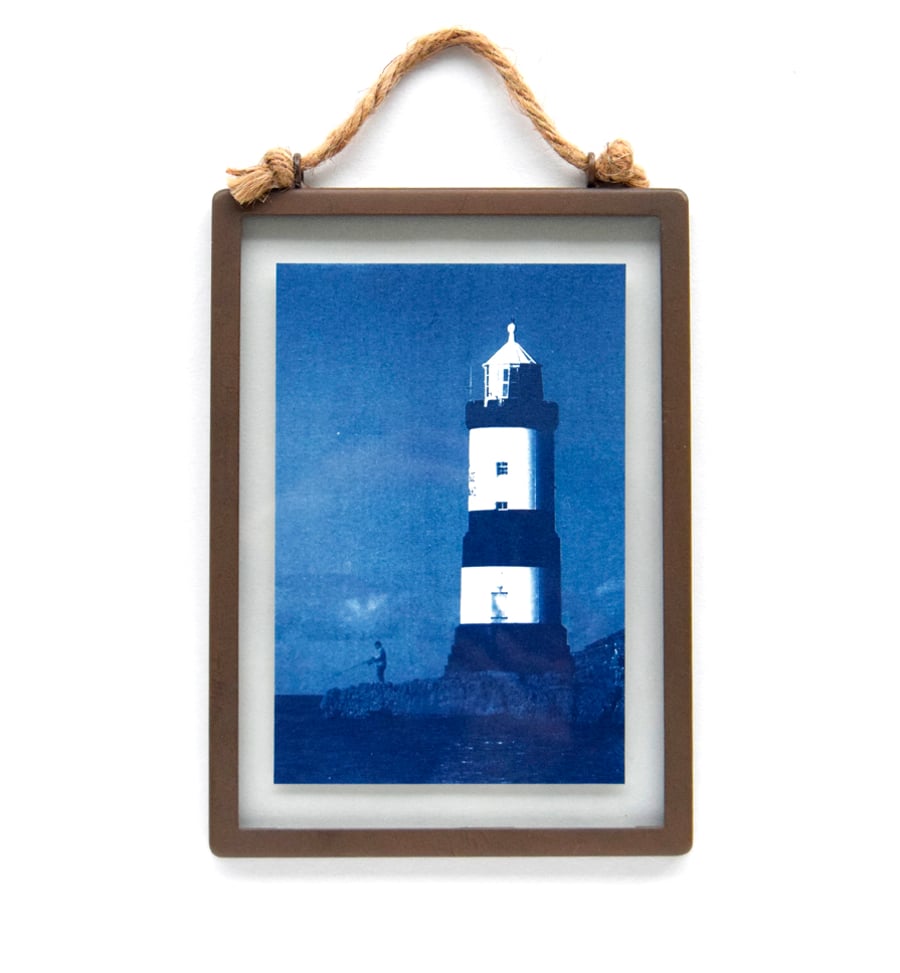 Large Lighthouse Cyanotype in industrial style metal and glass square frame 