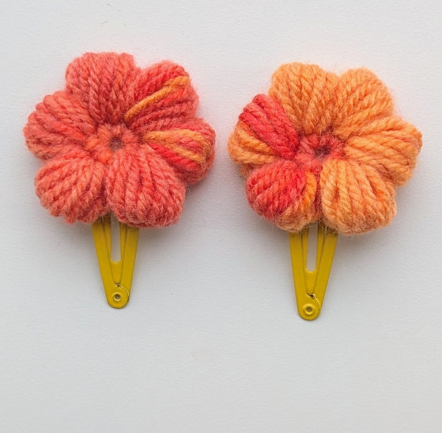 Pair of Orange Crochet Flower Hair Clips