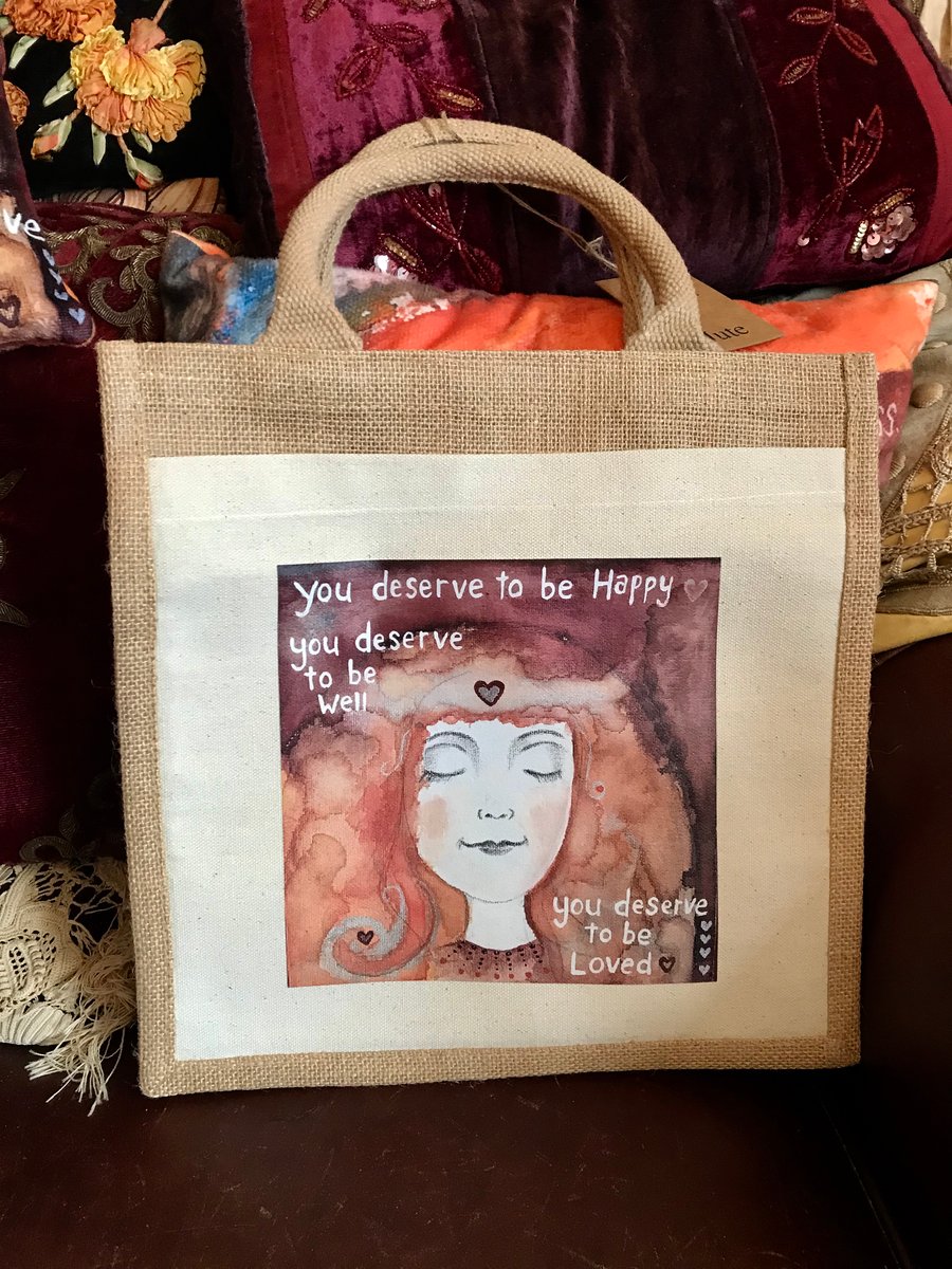 SALE! Jute Tote bag with my print "You deserve"