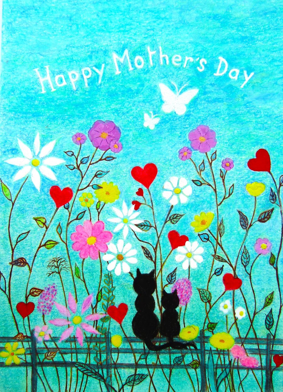Mothers Day Flowers Card, Cats Butterflies Art, Black Kitten Hearts, Blank Card