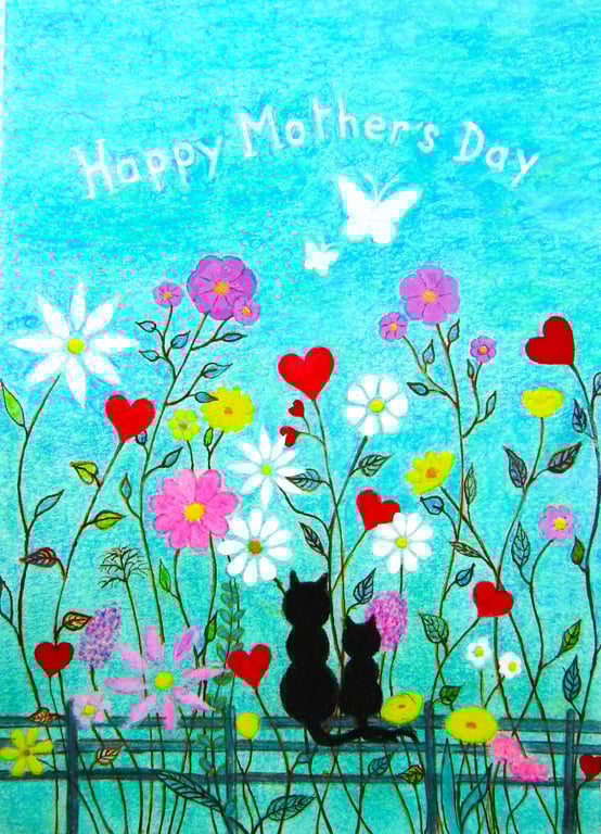 Mothers Day Flowers Card, Cats Butterflies Art, Black Kitten Hearts, Blank Card