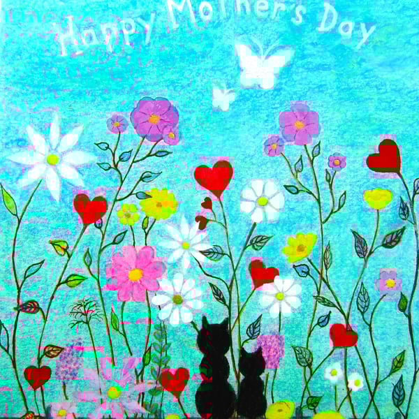 Mothers Day Flowers Card, Cats Butterflies Art, Black Kitten Hearts, Blank Card