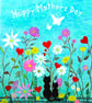 Mothers Day Flowers Card, Cats Butterflies Art, Black Kitten Hearts, Blank Card