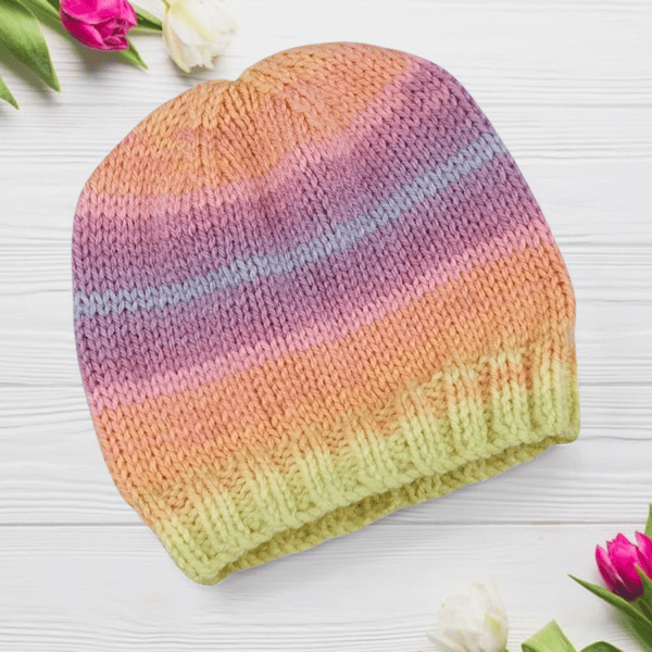 Hand Knitted Baby Hat for Girls, Pastel Stripes, Newborn Essential, Winter 