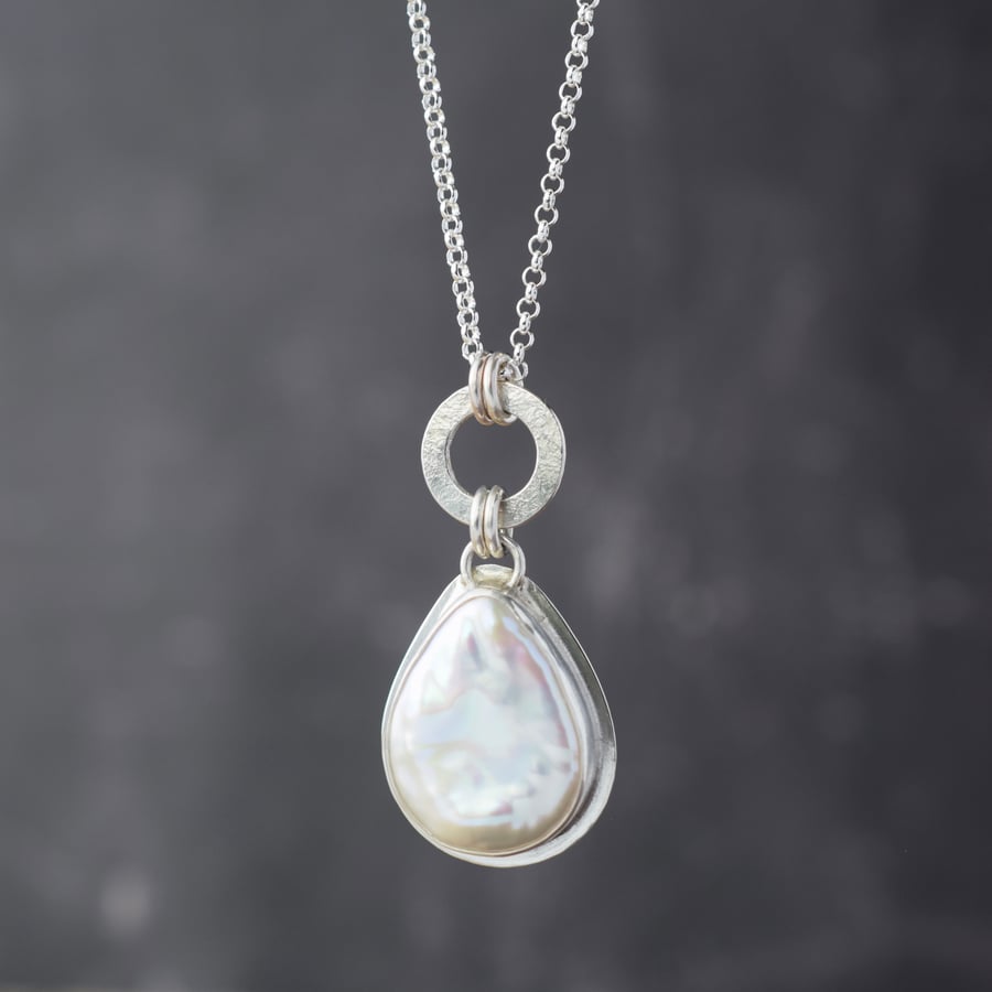 Pearl pendant necklace, one of a kind statement silver pendant