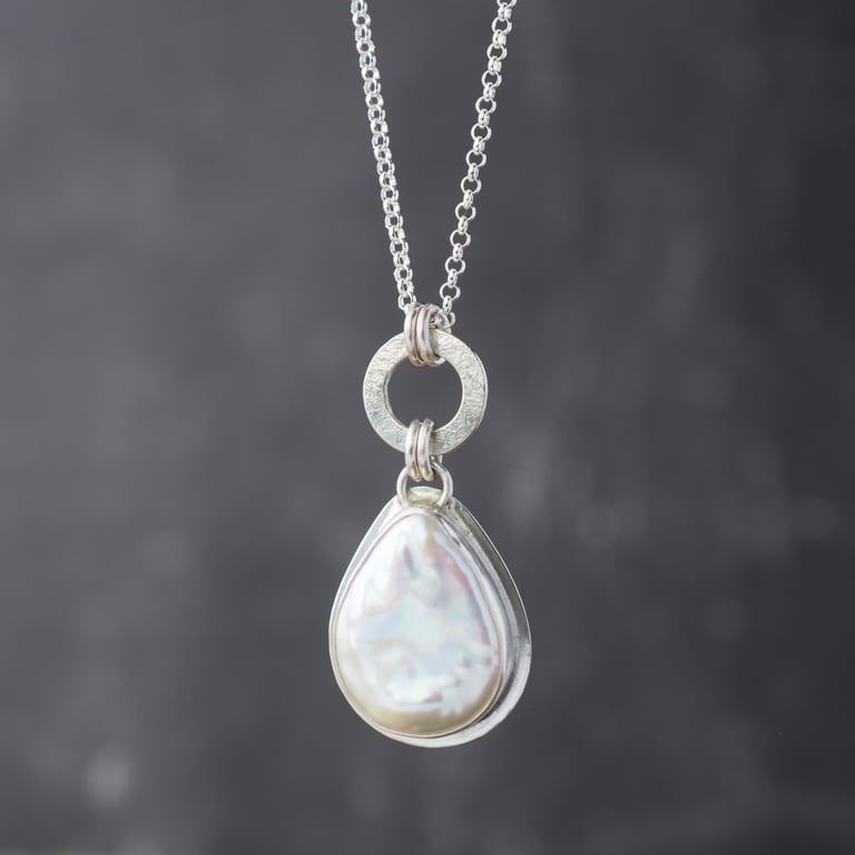 Pearl pendant necklace, one of a kind statement silver pendant