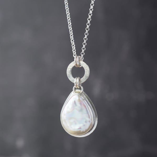 Pearl pendant necklace, one of a kind statement silver pendant