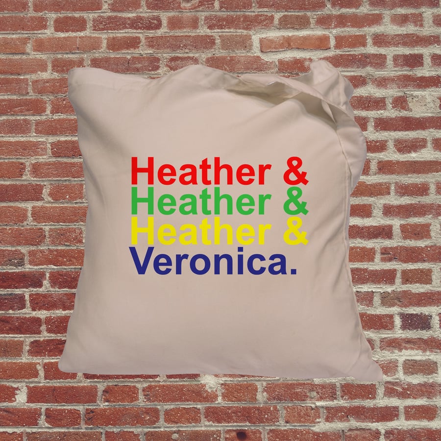 Heathers movie tote bag in colour, cult classic, Winona Ryder, Christan Slater. 