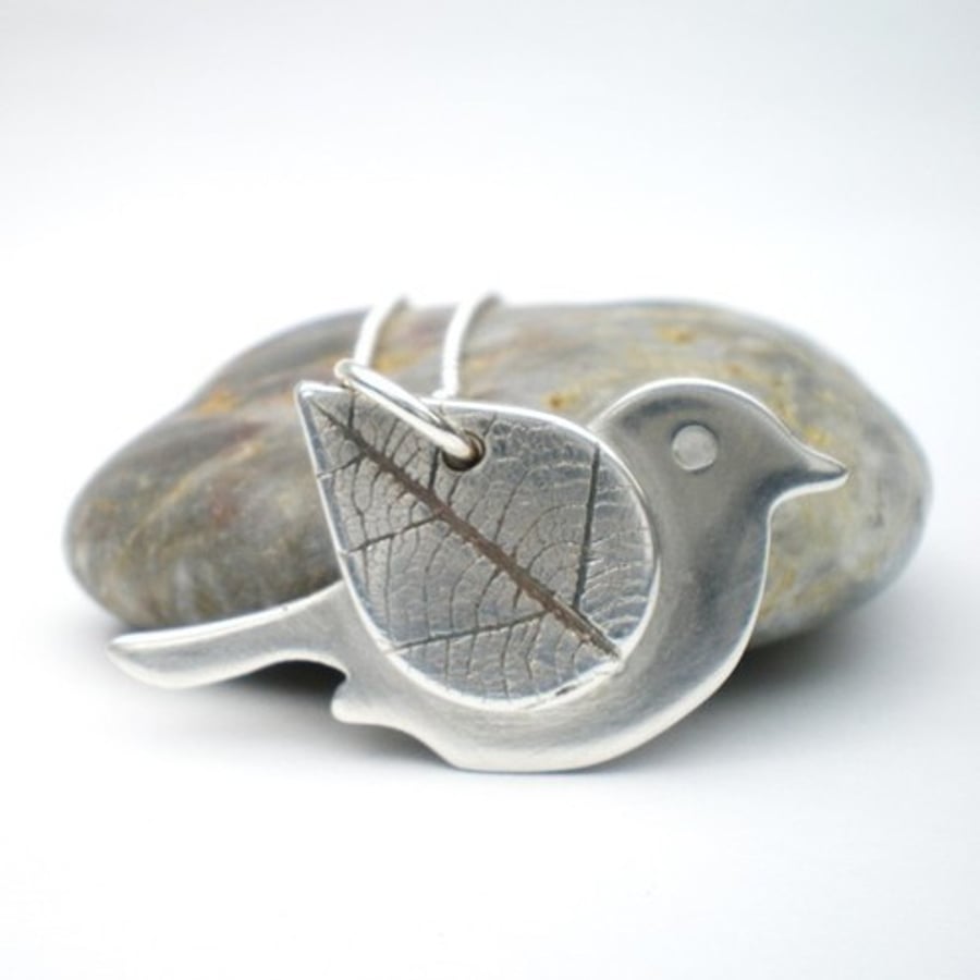 Autumn Leaves Silver Bird with Leaf Imprint Wing