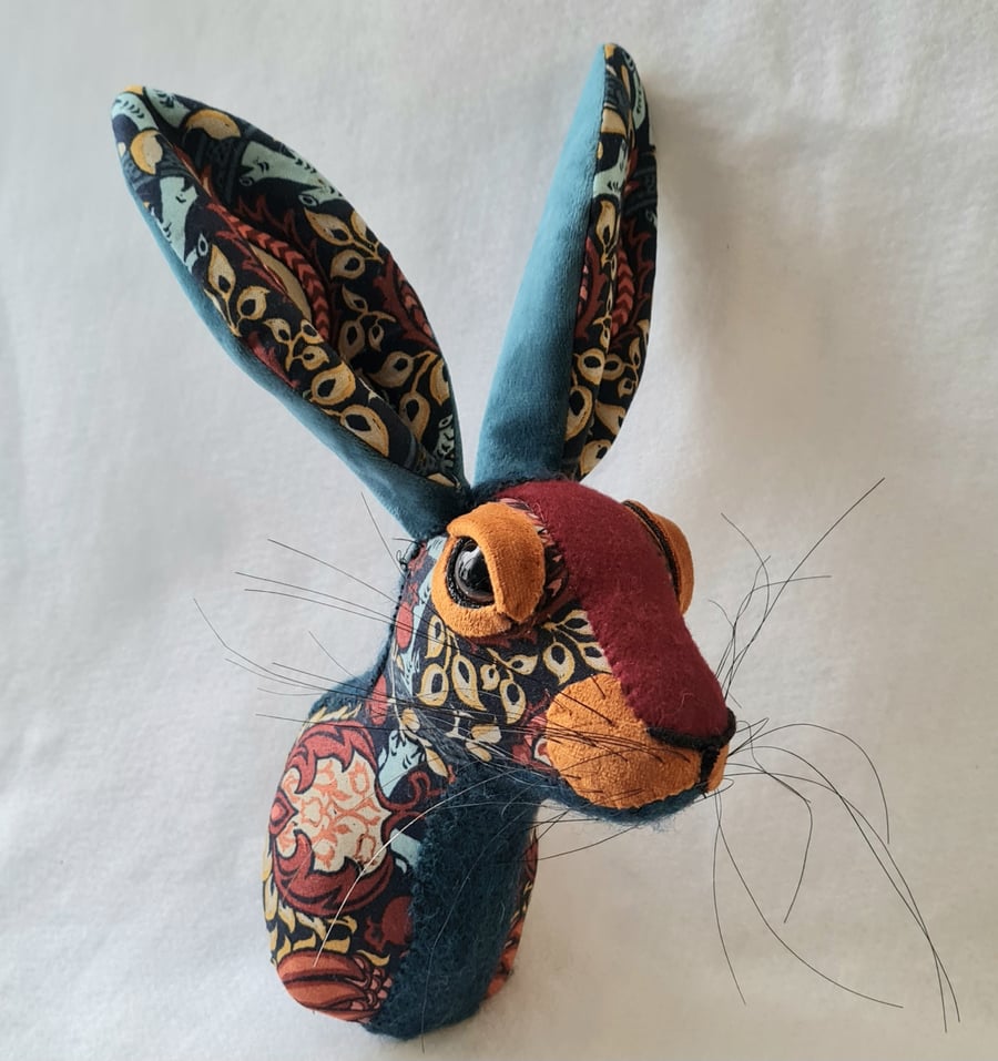 Faux hare head wall mount in William Morris fabric