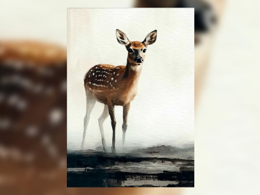 Fawn Painting, Serene Baby Deer in Minimalist Watercolor Art Matte Print