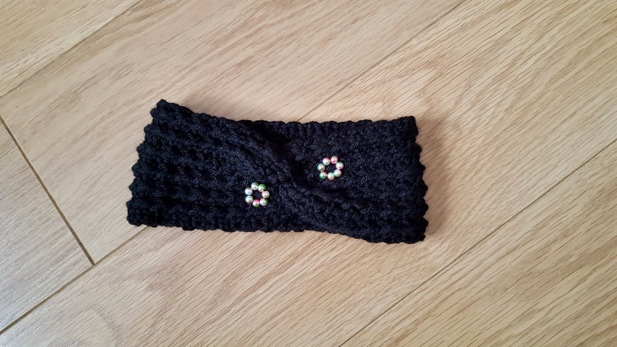 Ladies black crochet headband , ear warmers with beads.....
