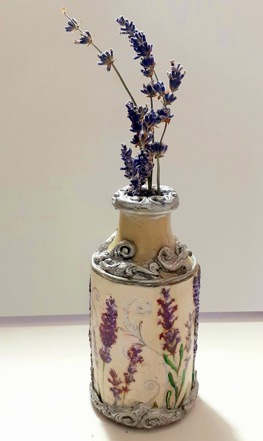 Vintage Stoneware Lavender flowers hand painted bottle 