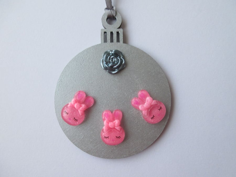 Bunny Rabbit Hanging Decoration Christmas Tree Bauble Pink Silver