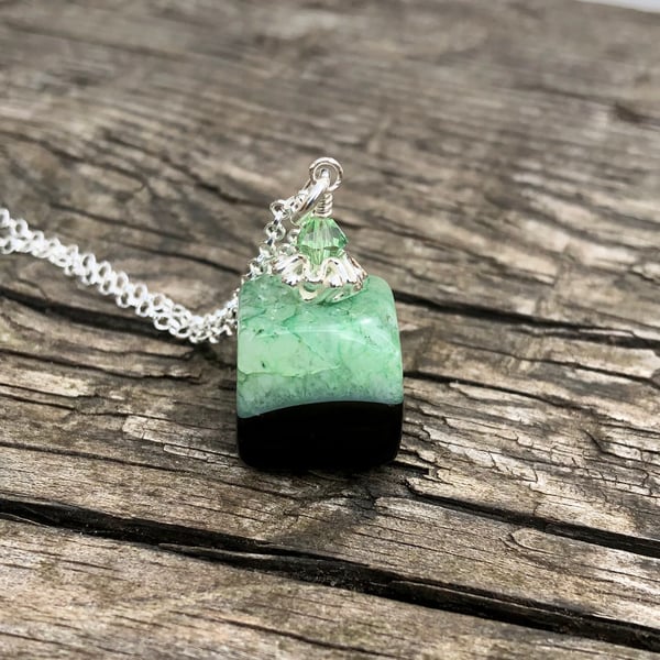 Green Agate Cube With Karen Hill Tribe Silver and Swarovski Crystal Necklace