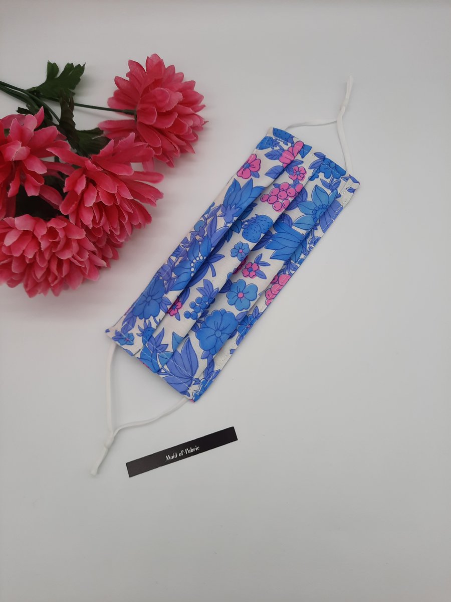 Large face mask in blue and pink floral,  adjustable with nose wire 
