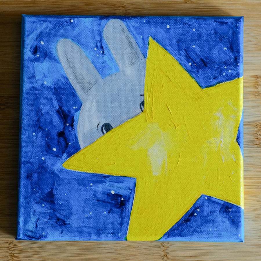 Stardust Bunny 2, original artwork, acrylic painted canvas for babies room. 