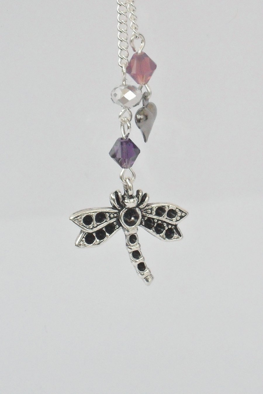 Dragonfly and heart charm necklace, with purple swarovski crystal