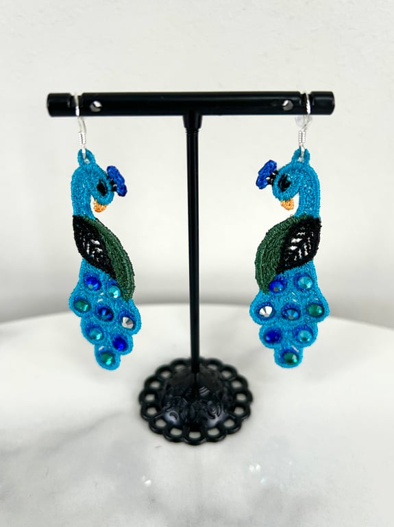 Lace Peacock Earrings with glass crystals (sterling silver hooks)