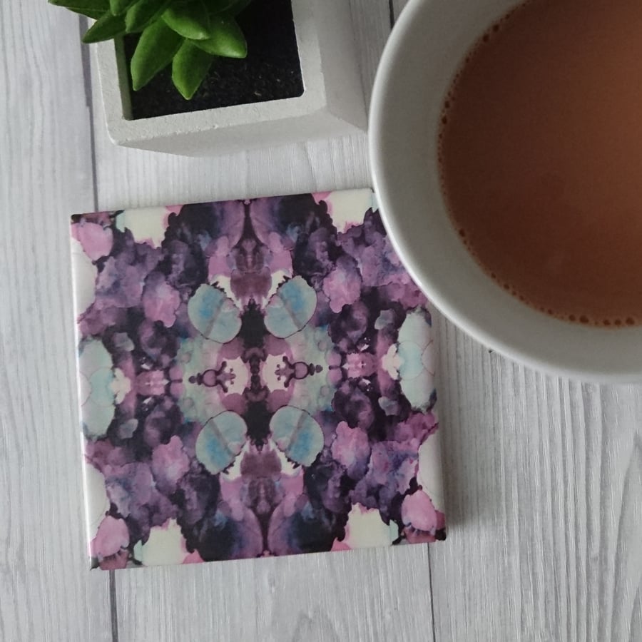 Pink inkblot pattern ceramic tile coaster