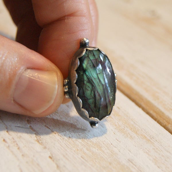 Labradorite Rustic Ring, Boho Ring, Hammered Silver Ring