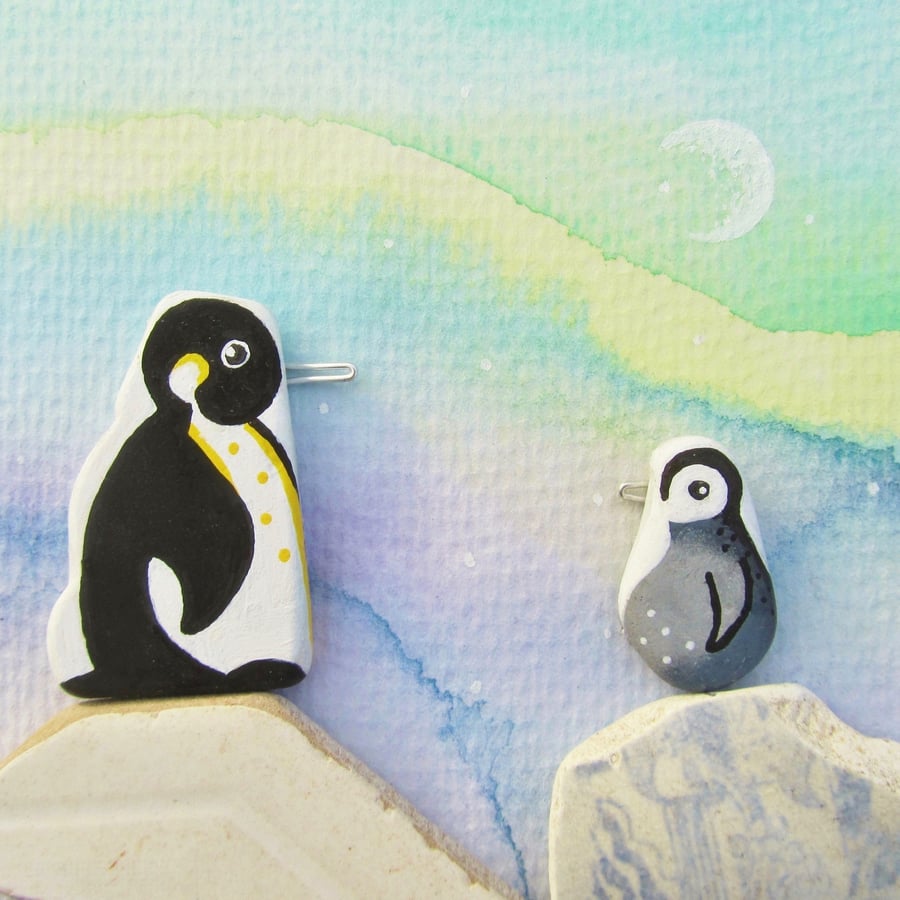 Penguins & Northern Lights. Watercolour Pebble Art & Beach Pottery Picture