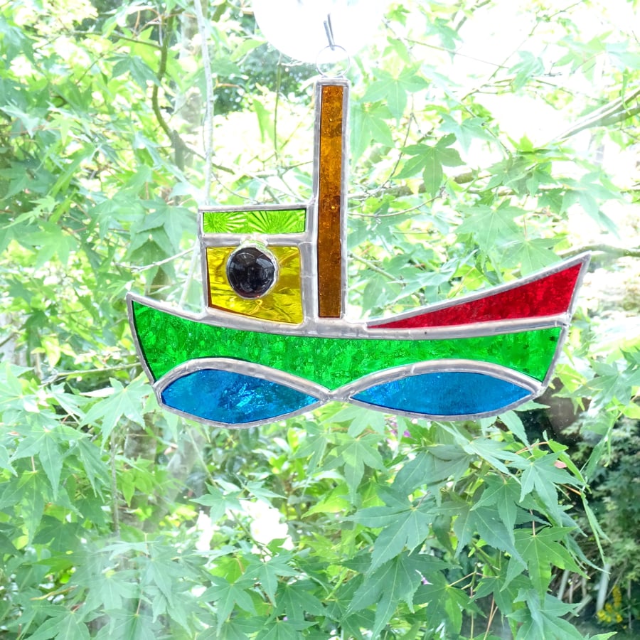 Stained Glass Tug Suncatcher - Handmade Window Decoration - Red and Green