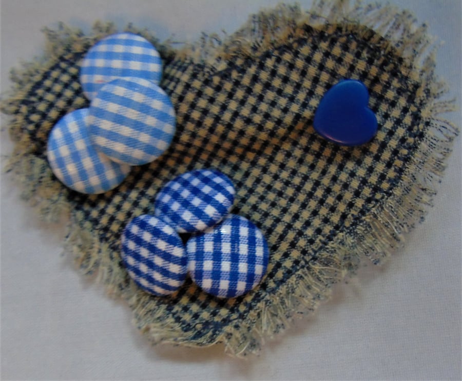 Fabric Brooch - Blue Gingham Heart