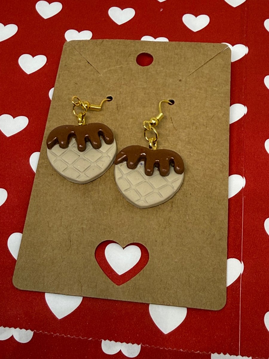 Polymer clay heart chocolate waffle dangly earrings