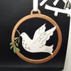 Wooden Dove and olive branch, Christmas tree decoration, hand drawn and painted