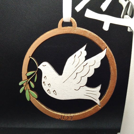 Wooden Dove and olive branch, Christmas tree decoration, hand drawn and painted